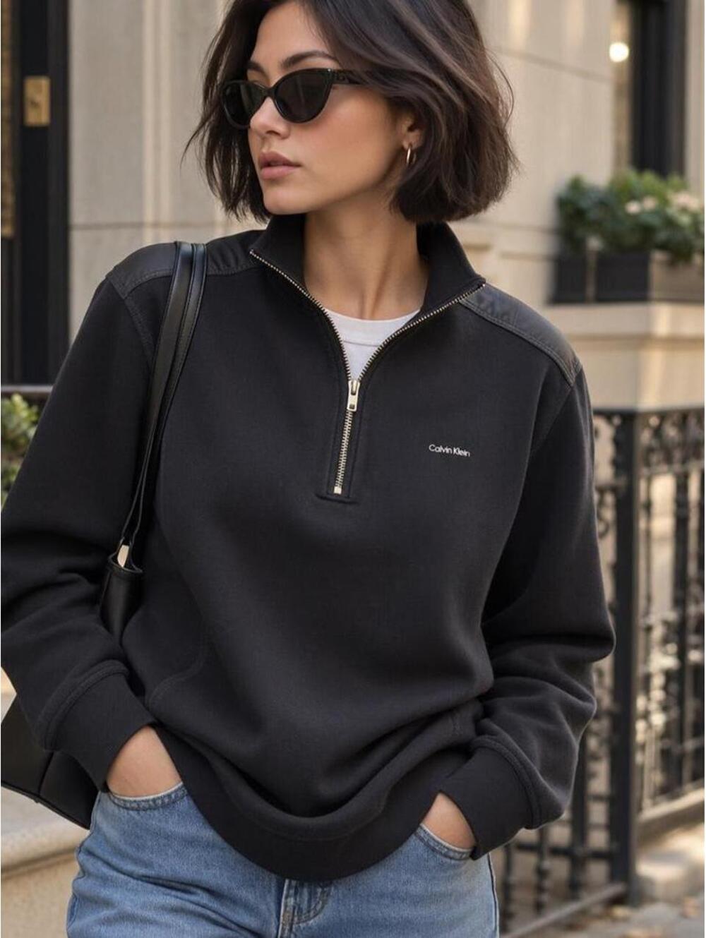 Calvin Klein Black Quarter Zip Pullover Sweatshirt Minimal 90s Style